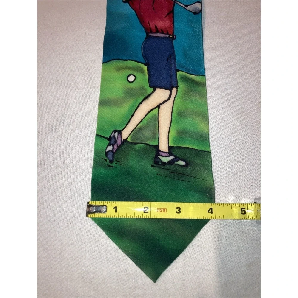 Robert Daskal Hand Painted Silk‎ Golf Tie Sofia Knegt Soubal Green Blue Novelty
